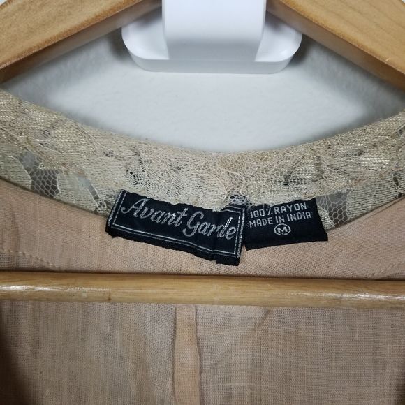 Avant Garde VTG 80s Bohemian Cottage Floral Lace Beige Flowy Rayon Dress Size M - Picture 14 of 16